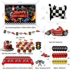 Happy Birthday Decorations For Women Men,Birthday Backdrop,Banner Balloons,Table Cloth,Paper pom poms Party Supplies for Girls Boys (Race car)