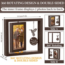 Mifoci Hummingbird Memorial Picture Frame for Loss of Loved One, Sympathy Bereavement Gift, Remembrance Wood Photo Frame with Angel Quote Pendant, Rotating Double Sided 4 x 6 Display