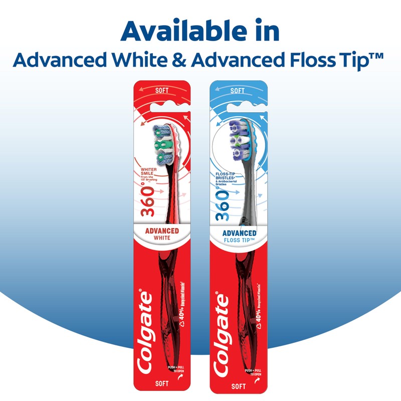 Colgate 360 Advanced Floss-Tip Bristles Toothbrush, Medium Toothbrush, 1 Pack