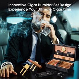 Portable Travel Cigar Humidor Set, Insides Magnetic Hygrometer & Cedar Wood, 2 Gold Cigar Holders, Humidifier, Cigar V Cutter & Cigar Punch, Precious Cigar Case for Christmas, Birthday, Business