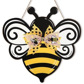 Bee Wooden Wreaths Front Door Welcome Signs with Bow Ribbon, Bee Decoration Wood Door Wall Signs Door Hanger Crafts for Spring Home Farmhouse Party Porch Wall Decor