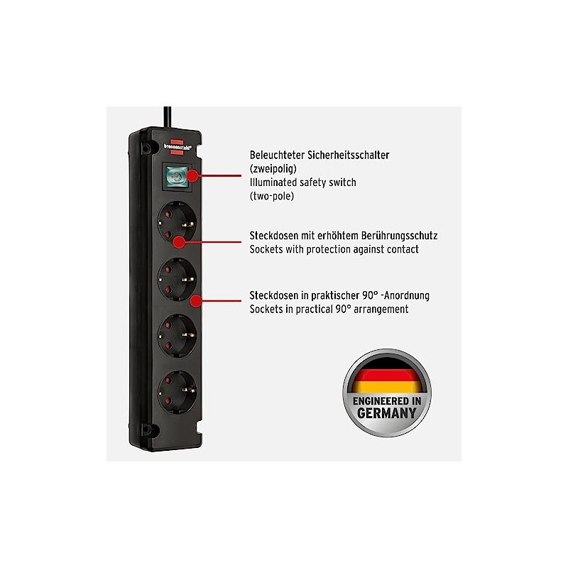 Brennenstuhl Bremounta 4-Way Power Strip with Switch, Multi-Socket with 90-Degree