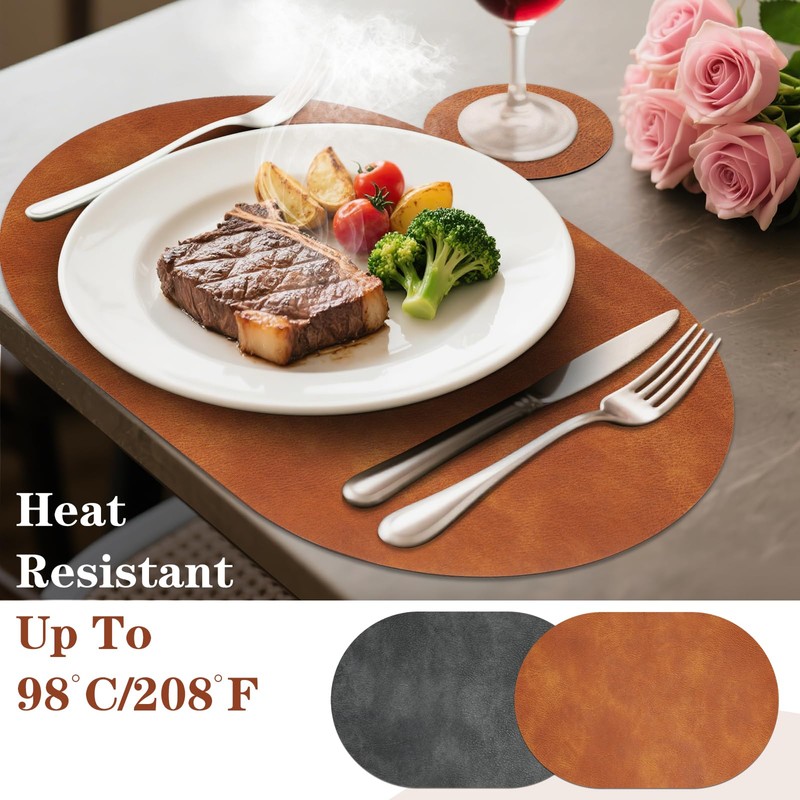 Pixieora Faux Leather Placemats and Coasters, Washable Reversible Oval Placemats