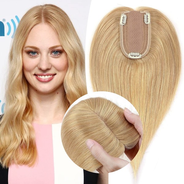 Hairro Clip in Hair Topper 100% Real Human Hairpiece 13 * 7cm Silk Base Hair Topper for Women Human Hair Extension for Thinning Hair Loss (10 Inch, Natural Blonde)