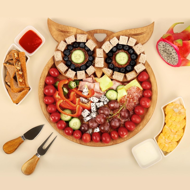 Owl-Shaped Wooden Charcuterie Board, 12" Cheese & Meat Platter, Large