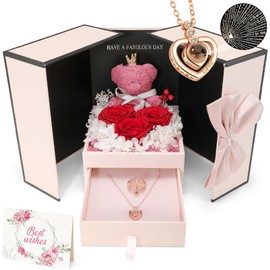 Nasjac Flor Rosa Eterna, Regalo para Mujer, Anillo Collar con "I Love You" en 100 Idiomas, Oso Rosas Flores Conservada, Regalo para San Valentín, Regalo de Mamá, Tarjeta de Felicitación, Caja Regalo