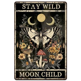 Hobbspring 1pc Vintage Metal Tin Sign 8x12 inch Retro Iron Butterfly Flower Sign Rusty Look Stay Wild Moon Child Poster for Home Office Kitchen Farmhouse Cafe Garden Wall Decor