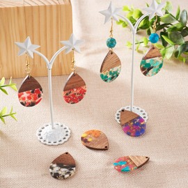 Beadthoven 16pcs/8 Pairs Resin Wood Teardrop Charms Earrings Pendants Mixed Colors Water Drop Shape Gold Foil Chips Wooden Pieces Pendants for Statement Jewelry Making Findings