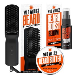 Wild Willies - Kit de cuidado de barba: alisador de barba calentado para hombres, mantequilla de barba y suero de crecimiento de barba, juego de herramientas de aseo definitivo, bálsamo para barba