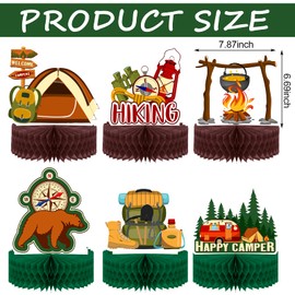 6 Pieces Happy Camping Honeycomb Centerpieces Camping Adventure Bears Sign Camping Theme Cakes Balls Table Toppers for Kids Birthday Photo Props Ideas 3D Table Decorations, 7.5 x 8.6 Inch