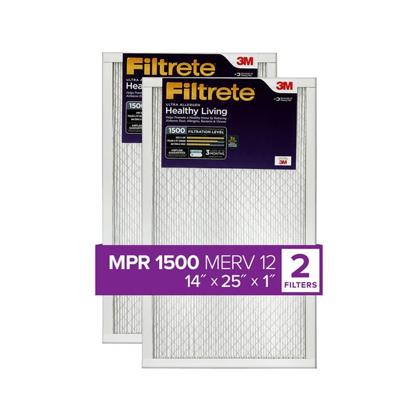 Filtrete 14x25x1 Furnace Air Filter MPR 1500 MERV 12, Healthy Living Ultra Allergen, 2-Pack (exact dimensions 13.81 x 24.81 x 0.78)
