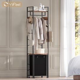 Yifeel Coat Rack with Laundry Basket, Laundry Hamper Freestanding Hall Tree, Clothes Rack with Storage Shelves, 14.5 Gal Removable Bags on Wheels, Black and Brown JLH005SR