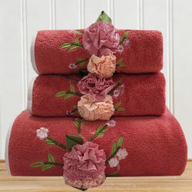 Pincushion Embroidery Towel Set, 3pc,Oriange Coral Velvet Soft and Skin-Friendly Absorbent Towels for Swimming Pool and Gym(1 Bath Towel,2 Hand Towels)