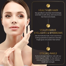 Organic Castor Oil, Cold Pressed, Glass Bottle, USDA Certified Premium Organic, Unrefined, Hexane Free, for Hair Growth, Radiant Skin, Eyebrows, Lashes and Fuller Hair, 16.9 oz w/ Pump (Made in USA)