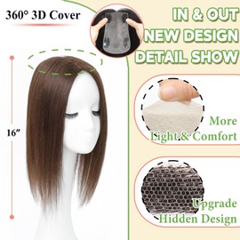 ELEVAVE Hair Toppers for Women Real Human Hair, 16 Inch 360° 3D Upgrade Middle Part Toppers for Women with Thinning Hair (Mocha Brown)
