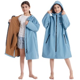 Hiturbo Kids Waterproof Swim Parka: Thin Fleece Swimming Coat - Oversized Swimmer Jacket - Surf Swim Team Outfit (4-8Y, Blue)