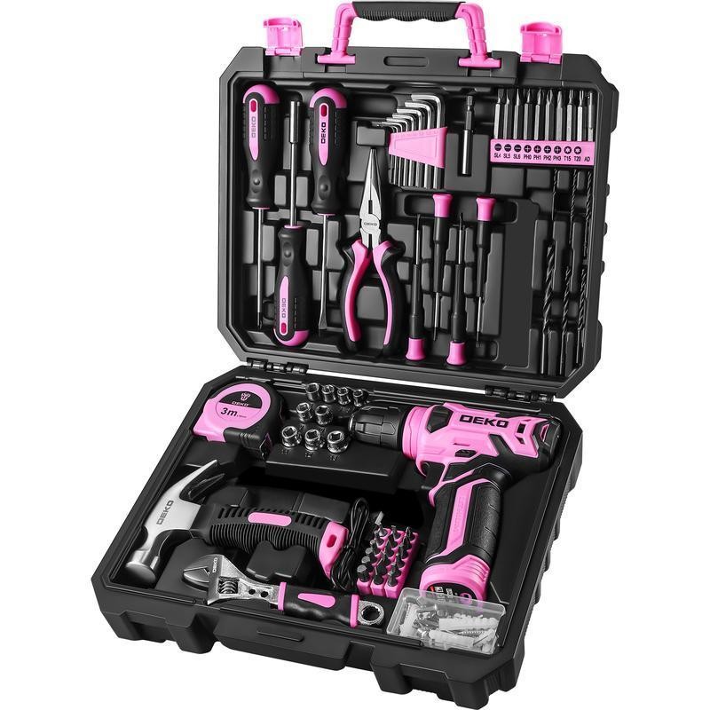 DEKO PinkTool 8V Cordless Drill Tool Kit for Women, 126-Piece