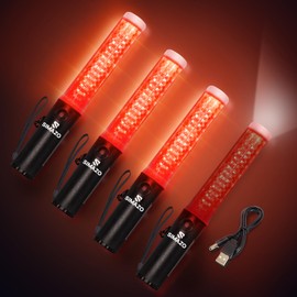 SIMAZO 4 Pack 10 Inch Rechargeable Traffic Signal Wand, Traffic Control Baton with White LED on Top, Air Marshalling Wand with 3 Flashing Modes for Airport, Car Directing