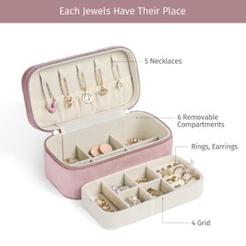 CASEGRACE Travel Jewelry Case,2-Layer Jewelry Holder Organizer Display Box,7.08x 3.8x 3 .1Inches Portable Jewelry Box for Necklace Earring Rings Bracelet Sunglasses lipstick Best Gift (Dusty Pink)