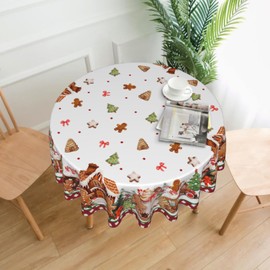 Sphragiyn Xmas Tablecloth Round 60 Inch Gingerbread House Holiday Table Cloth Water Resistant Fabric Table Covers for Kitchen Dining Party Home Decor