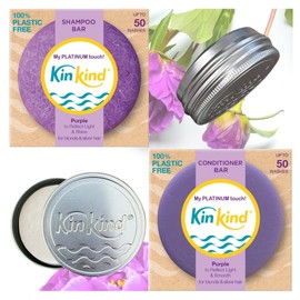 KinKind My PLATINUM touch! Purple Shampoo bar and Purple Conditioner bar. Up to 50 washes. Travel Essentials Set with 2 KinKind travel shampoo bar tins