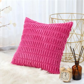 OTOSTAR Corduroy Decorative Throw Pillow Covers 18x18 Inch Super Soft Boho Striped Square Pillow Covers Case Modern Cushion Covers for Sofa Couch Bedroom Car Decor Hot Pink