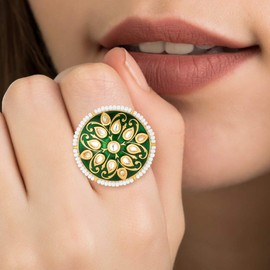 Aheli Statement Enamel Meenakari Finger Ring Adjustable Faux Stone Studded Pearl Rim Indian Traditional Wedding Party Fashion Jewelry Gift for Women Green