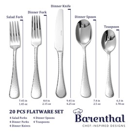 Flatware Set for 4, Barenthal Heavy Duty Silverware Set 20 Piece, Mirror Finish, Dishwasher Safe, Hammered Premium 18/10 Stainless Steel Cutlery Set for Home Restaurant Wedding Party, Gift