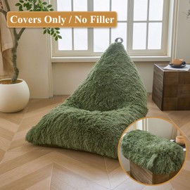 XeGe Fluffy Kids Stuffed Animal Storage Bean Bag Cover (No Filler), Moss Fuzzy Faux Fur Beanbag Organizer with Handle Teens Girls Adults, Shaggy Furry Plush Toys Holder Floor Lounger Chair, Sage Green