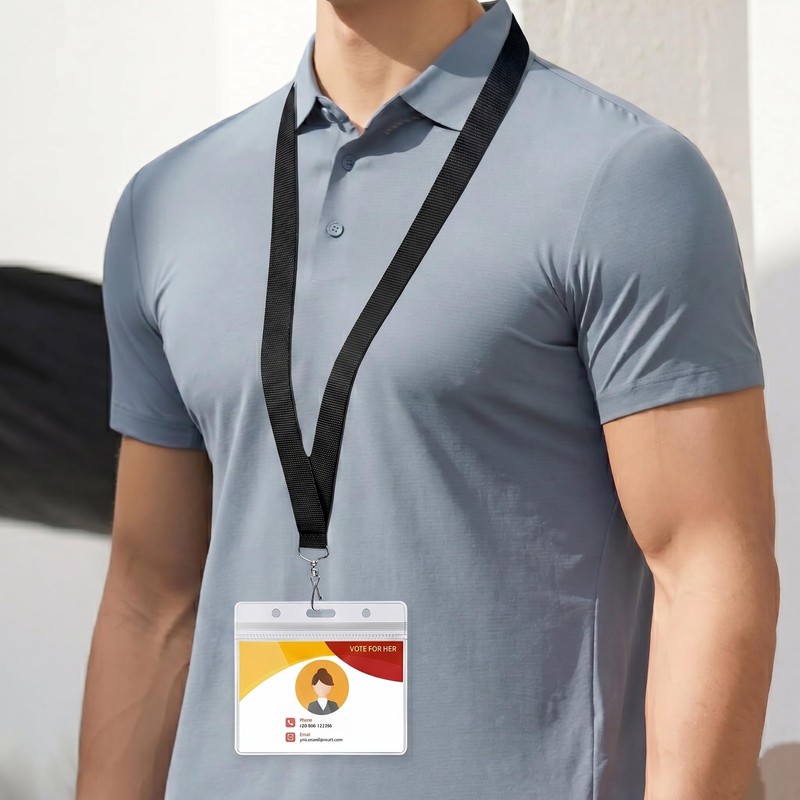 25-Pack Black Breakaway Lanyards with Large Horizontal Waterproof Badge Holders,