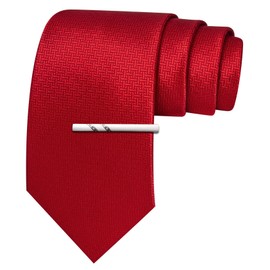 Barry.Wang Red Ties for Men Silk Plaid Necktie and Tie Clip Solid Color Tie for Wedding Party Business Formal