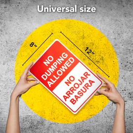 No Dumping Sign, 8x12 Aluminum No Arrojar Basura Private Property, English and Spanish Don't Littering for Outdoor