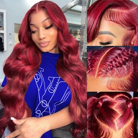 20 Inch 99j Burgundy Lace Front Wigs Human Hair 13x4 Body Wave Lace Front Wigs Human Hair 180% Density Red Wig Pre Plucked Burgundy Wig Human Hair Wine Red Colored Wigs for Women with Baby Hair