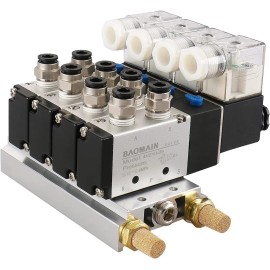 Baomain 12V 5 Way 4 Position Solenoid Valve With Base Muffler For Pneumatic Systems