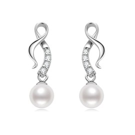 Pearl Infinity Drop Earrings Sterling Silver for Women Freshwater Cultured White Round Pearls Anniversary Wedding Jewellry Valentines Gifts for Her Ladies,Mothers Day Gift for Mom