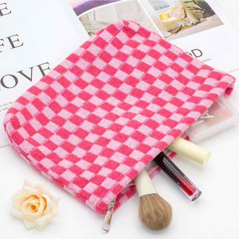 PAZIMIIK Knit Checkered Makeup Bag Large Zipper Make Up Accessory