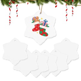 6Pcs Sublimation Ceramic Ornament Blanks - Snowflake Shape White Round Porcelain Discs for Heat Press Printing DIY Xmas Tree Christmas Hanging Ornaments Creative Crafts Gift Keychain