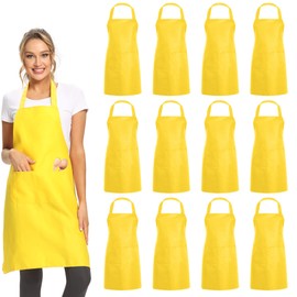 DUSKCOVE 12 Pack Plain Bib Aprons with 2 Pockets - Yellow Unisex Commercial Apron Bulk for Kitchen Cooking Restaurant BBQ Painting Crafting