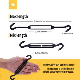 RiaYer 10 Pack Black Stainless Steel M6 Hook and Hook Turnbuckle, Heavy Duty Wire Rope Tensioner, Adjustable Hardware Kit for DIY String Light and Picture Hanging, Shade Sail, Cable Tightening