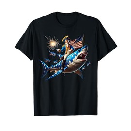 Washington Riding Shark Funny July 4th American Flag Patriot T-Shirt for Women Men