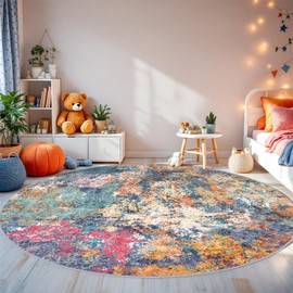 RUUGME Abstract 6ft Round Rug - Large Washable Rugs for Living Room Abstract Colorful Rug Indoor Non Slip Low Pile Carpet Bedroom Soft Foldable Stain Resistant Distressed Thin Mat 6ft Colorful/Multi