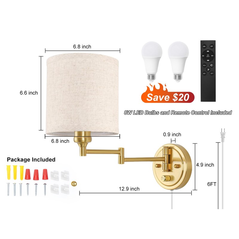 GOODATE Plug in Wall Sconces with Remote Control, Dimming &