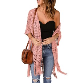 Sidefeel Women's Open Front Knit Sheer Cardigans Summer Boho Lightweight Kimono Cover Ups Pink