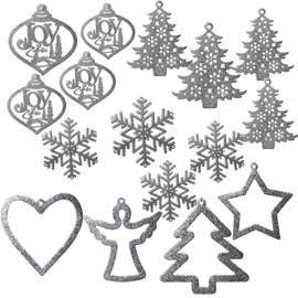 BANBERRY DESIGNS Silver Glitter Christmas Tree Ornaments Set of 16 Glittery Assorted Xmas Ornaments Trees Snowflakes Joy Heart Star Angel Holiday Décor