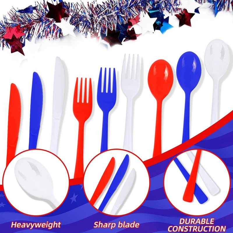 FULJOOY 180 PCS 4th of July Independence Day Plastic Silverware