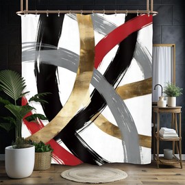 Miyotaa Black Red Gray Abstract Shower Curtain Set 60Wx71H Inches Modern Simple Minimalist Aesthetic Contemporary Line Neutral Waterproof Bathroom Curtain with 12 Hooks