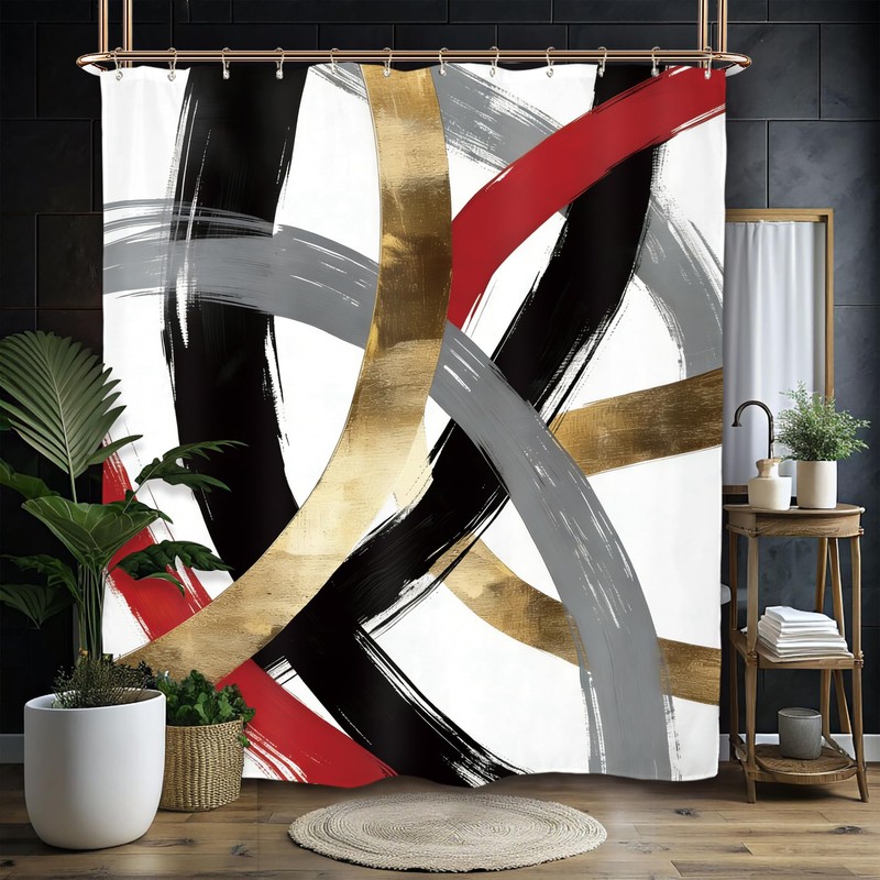 Miyotaa Black Red Gray Abstract Shower Curtain Set 60Wx71H Inches