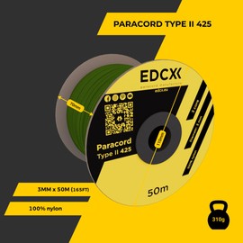 EdcX 3 mm Nylon Paracord 425 (15, 30, 50 and 100m) – 3 mm Type II, 100% Nylon Rope, 3 Strand Rope, 3 mm Nylon Rope in Many Colors (Moss, 50 m)
