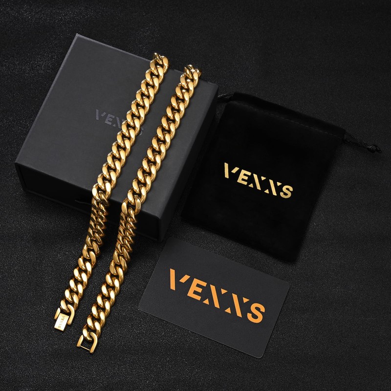 VEXXS Men's Curb Chain 10/12 mm, 18 Carat Gold-Plated Stainless