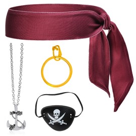 Beelittle Captain Pirate Costume Accessories Set Red Headband Pirate Skull Eye Patch Gold Earrring Necklace (Wine Red)